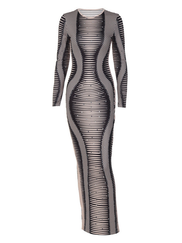 Printed Long Sleeve Slim Fit Slit Dress