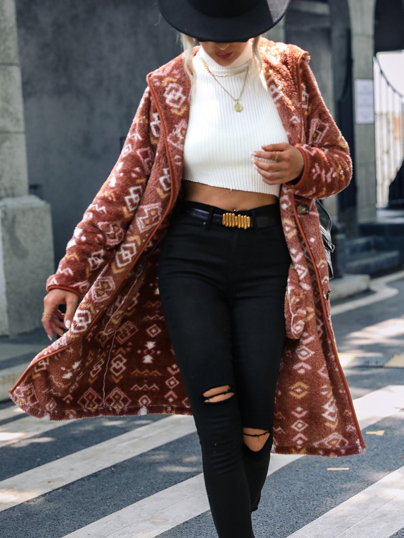 Geometric Print Long Plush Coat