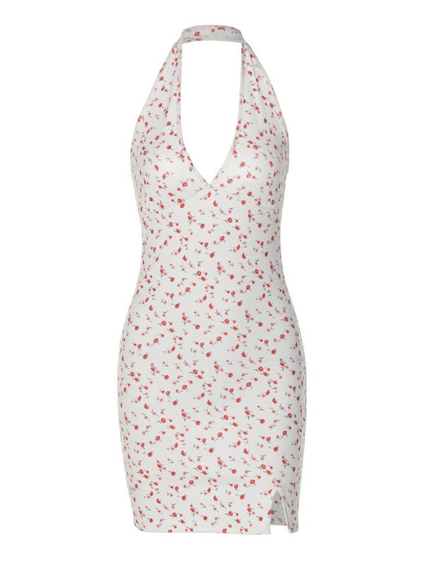 Printed V-neck Backless Slim Wrap Hip Dress