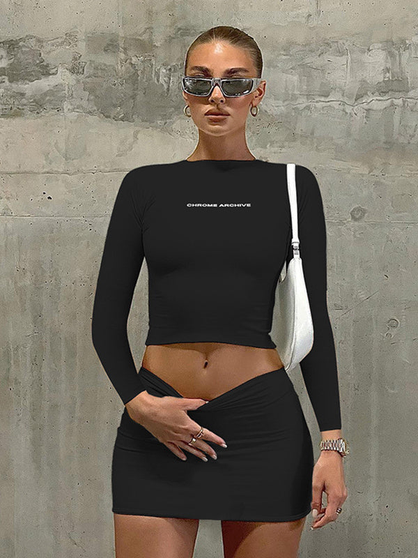 Letter Print Long Sleeve Slim Short Skirt Two Piece Set