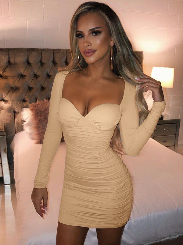 Deep V Tube Top Long Sleeve Slim Fit Wrinkled Fashion Dress