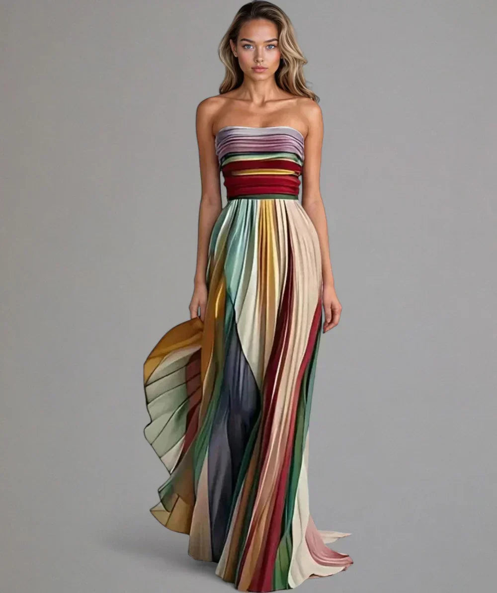 Multicolor Strapless Striped Pleated Flowy A-Line Maxi Gown