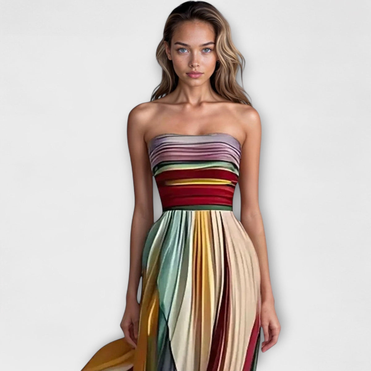 Multi Colored Strapless Striped Print Pleated Flowy A-Line Maxi Gown