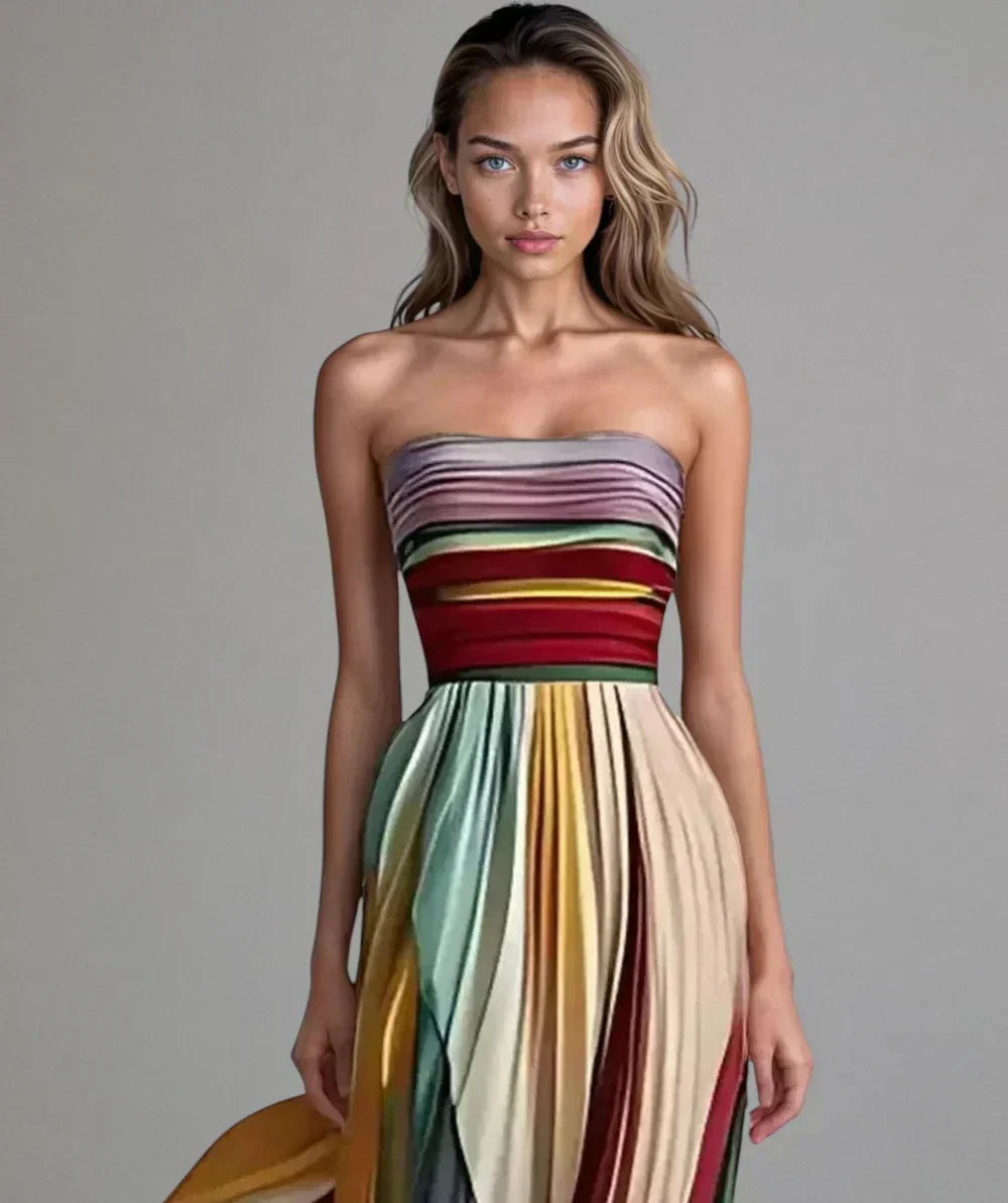 Multicolor Strapless Striped Pleated Flowy A-Line Maxi Gown