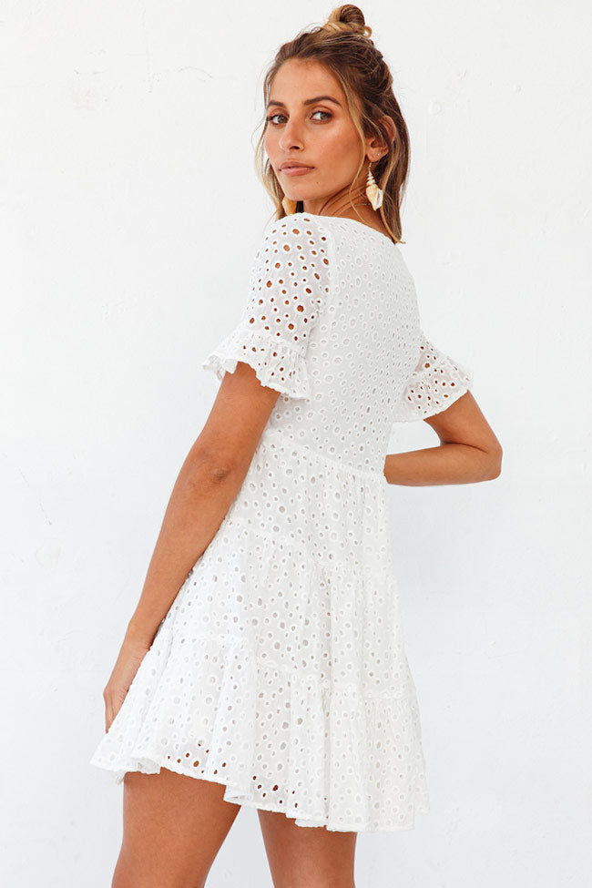 White Deep V-Neck Broderie Anglaise Flutter Sleeve Tiered Babydoll Mini Dress 3