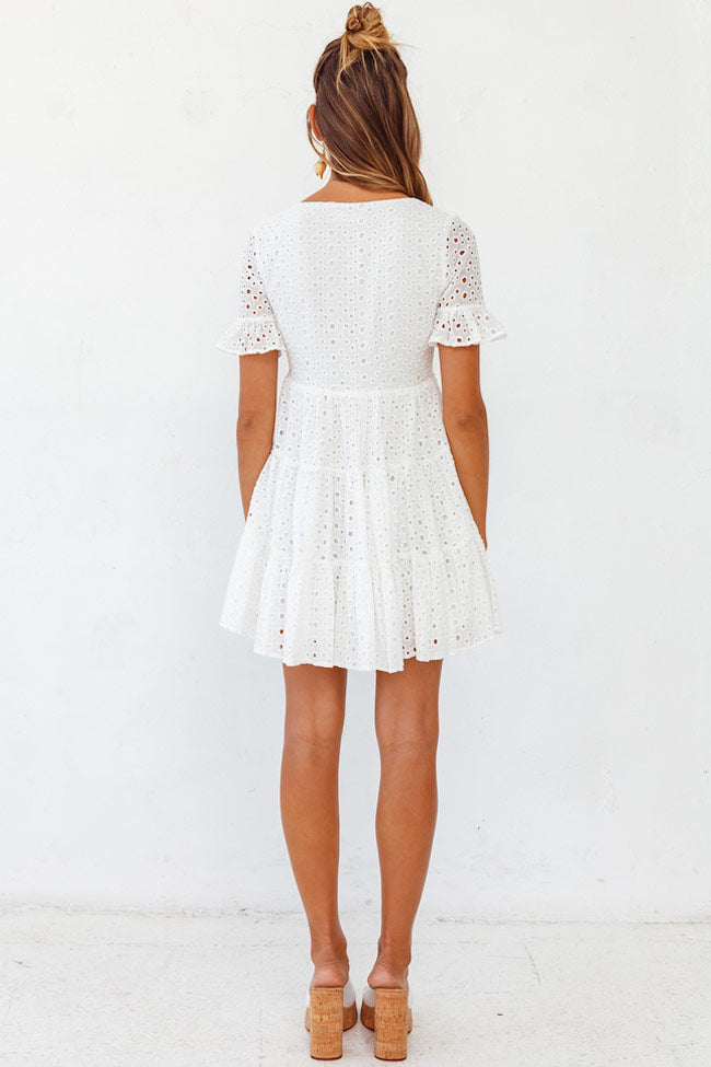 White Deep V-Neck Broderie Anglaise Flutter Sleeve Tiered Babydoll Mini Dress 4