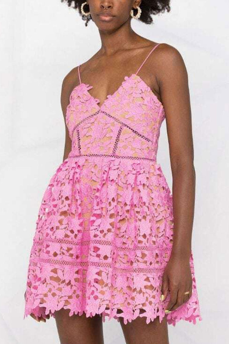 Bubblegum Pink Spaghetti Strap V-Neck Floral Guipure Lace Fit and Flare Mini Dress