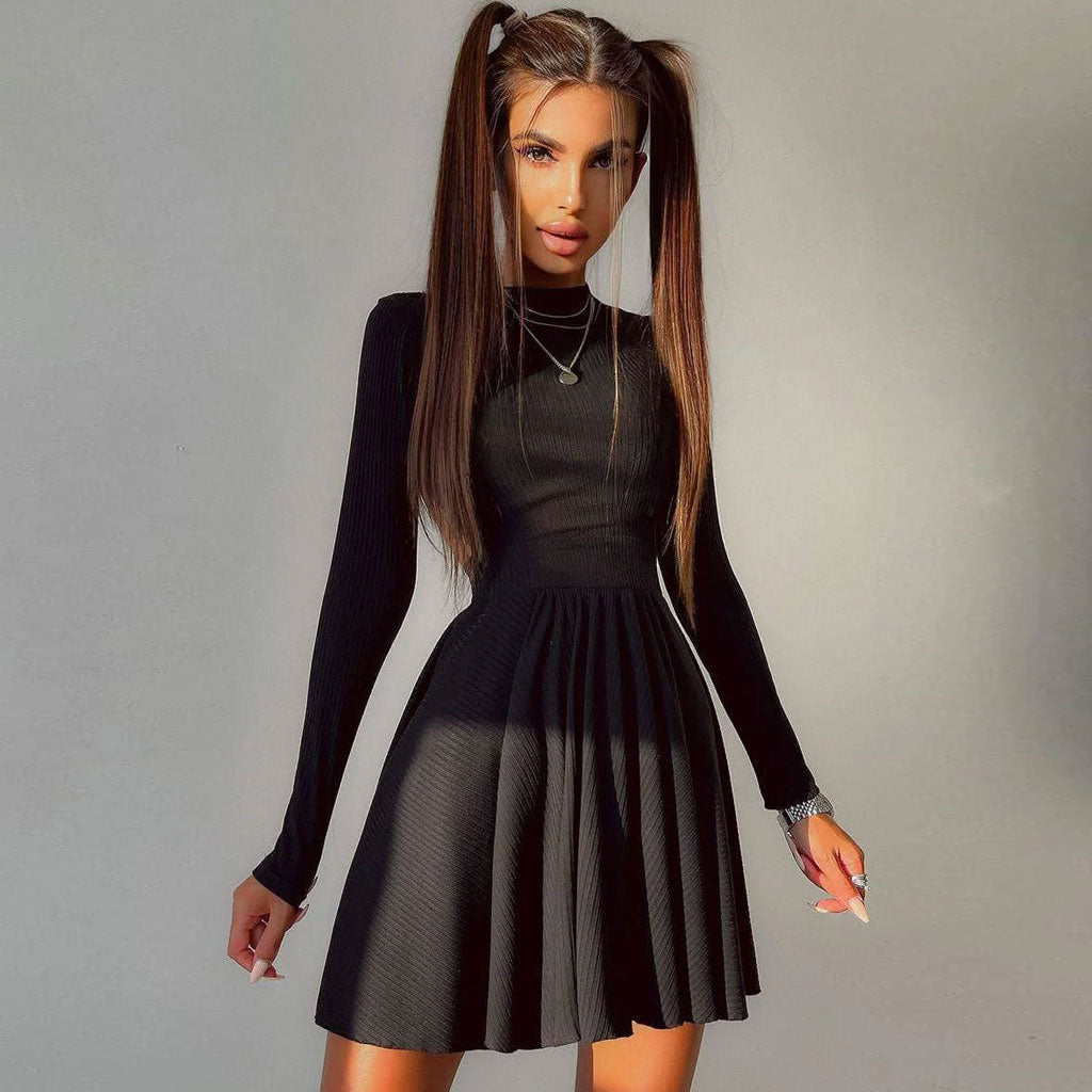 Black Mock Neck Long Sleeve Ribbed Knit Skater A-Line Mini Dress