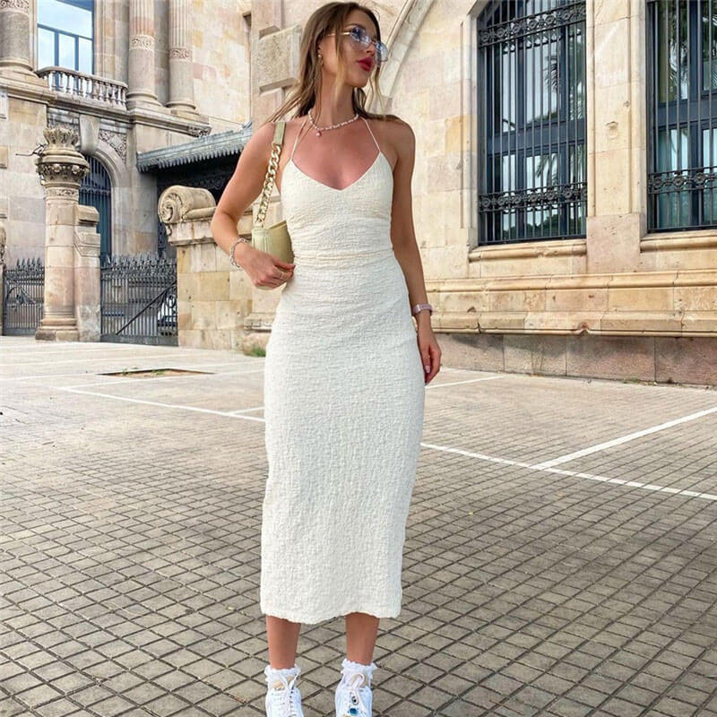 White Halter V-Neck Textured Ruched Low Back Bodycon Midi Dress