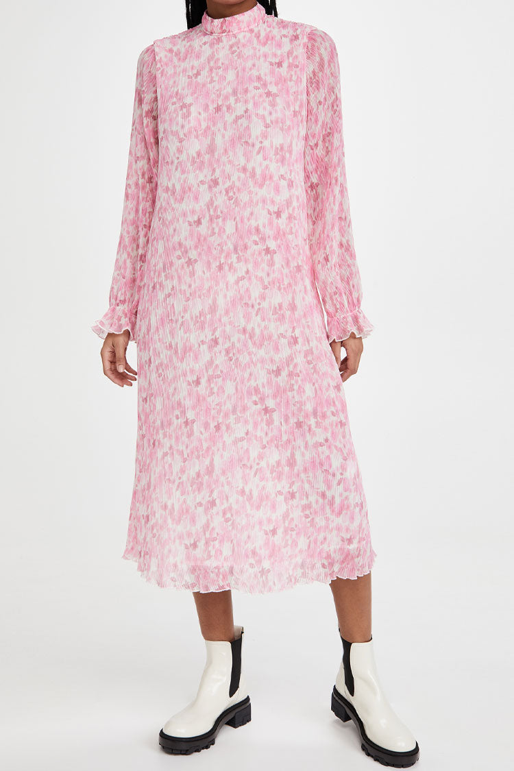 Pink Ruffle High Neck Long Sleeve Pleated Floral Print Chiffon Midi Dress