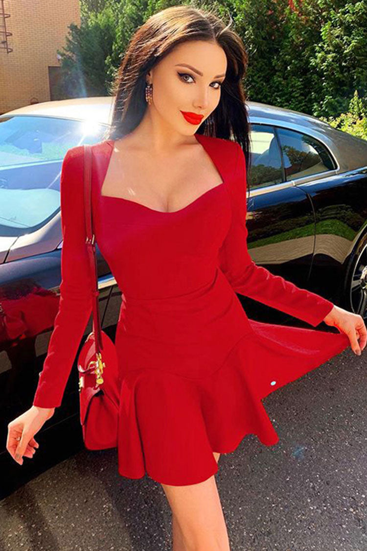 Red Sweetheart Neck Long Sleeve Ruffle Hem Fit And Flare Mini Dress