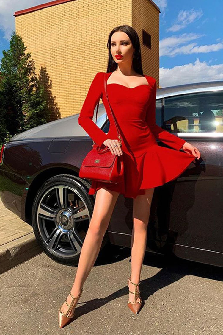 Red Sweetheart Neck Long Sleeve Ruffle Hem Fit And Flare Mini Dress
