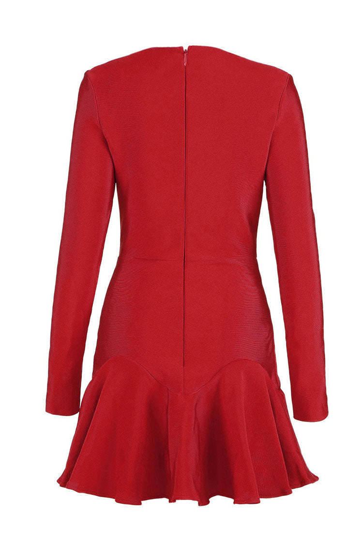 Red Sweetheart Neck Long Sleeve Ruffle Hem Fit And Flare Mini Dress
