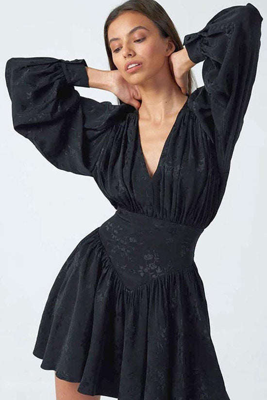 Black Plunge V-Neck Long Sleeve Jacquard Fit And Flare Mini Dress