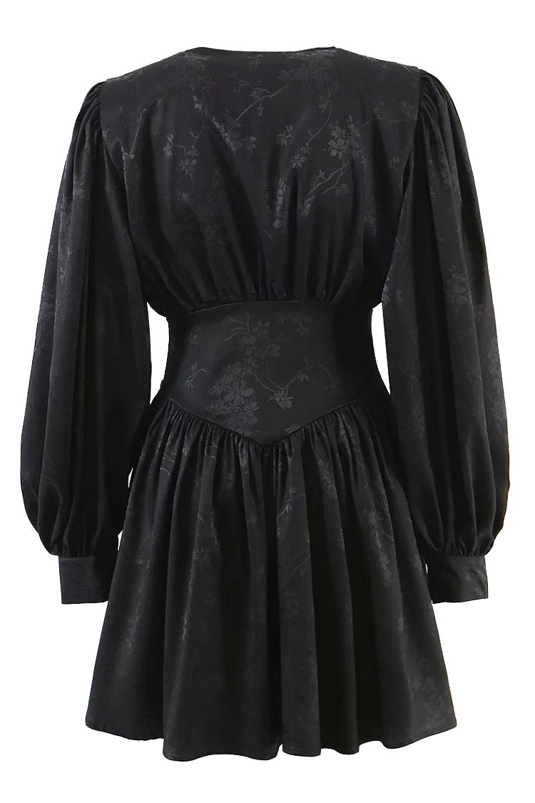 Black Plunge V-Neck Long Sleeve Jacquard Fit And Flare Mini Dress 3