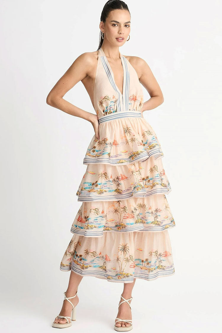 Cream Halter Plunge Neck Printed Tiered Ruffle Midi Dress