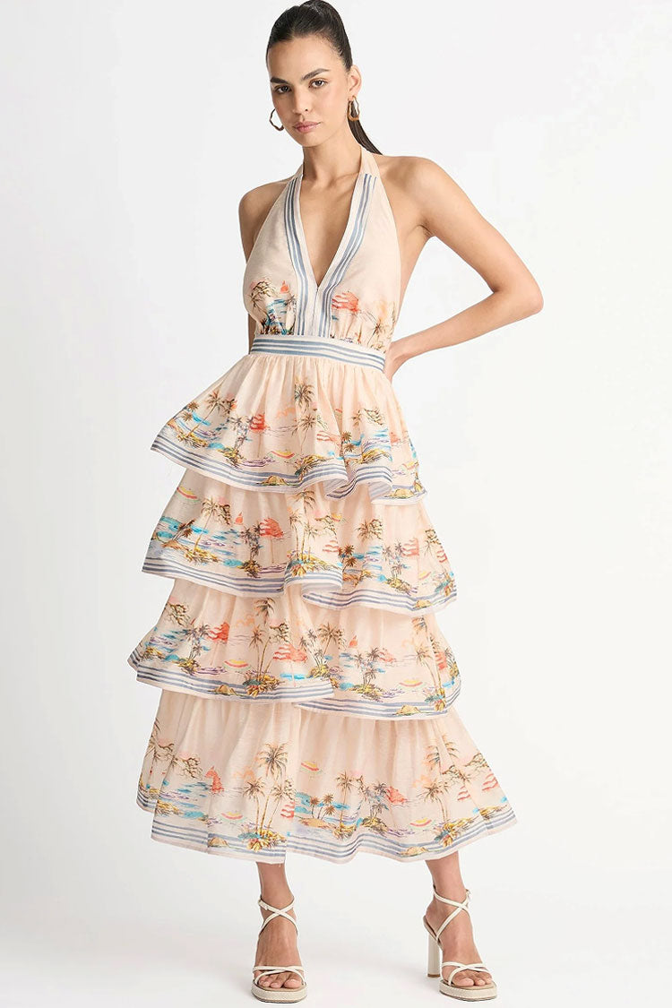 Cream Halter Plunge Neck Printed Tiered Ruffle Midi Dress
