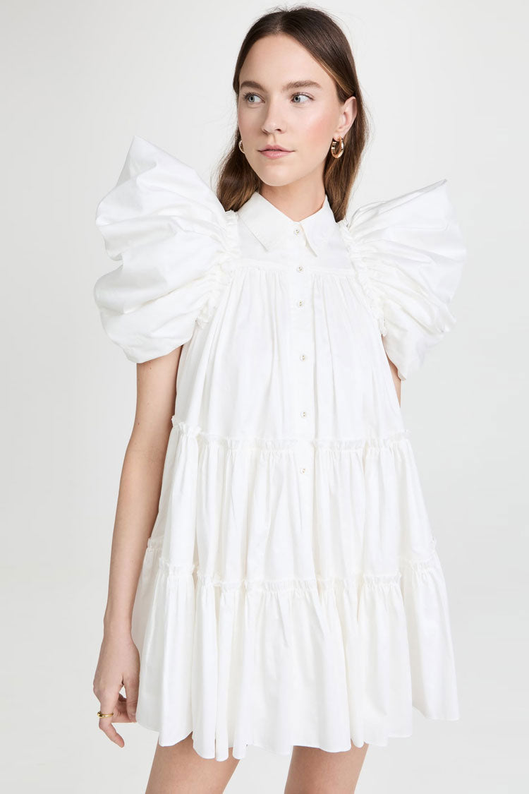 White Collared Puff Sleeve Button Front Tiered Babydoll Mini Dress