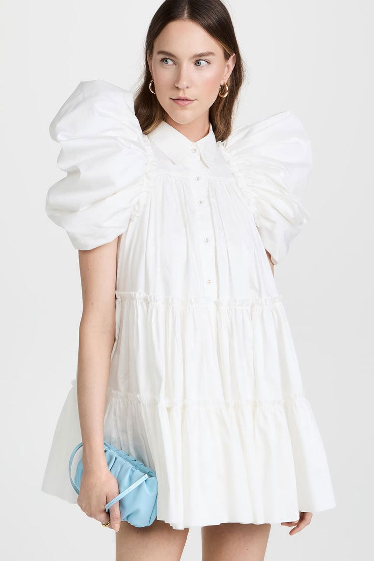 White Collared Puff Sleeve Button Front Tiered Babydoll Mini Dress