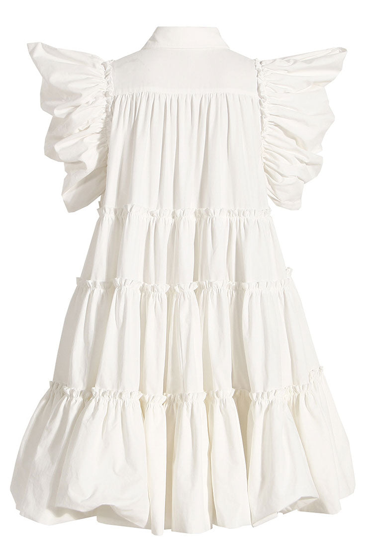 White Collared Puff Sleeve Button Front Tiered Babydoll Mini Dress