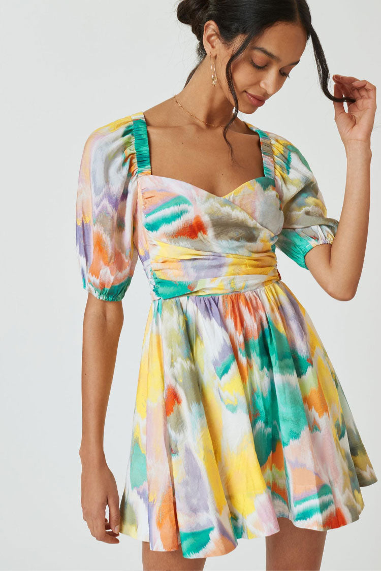 Multicolor Sweetheart Puff Sleeve Ruched Waist Fit and Flare Mini Dress