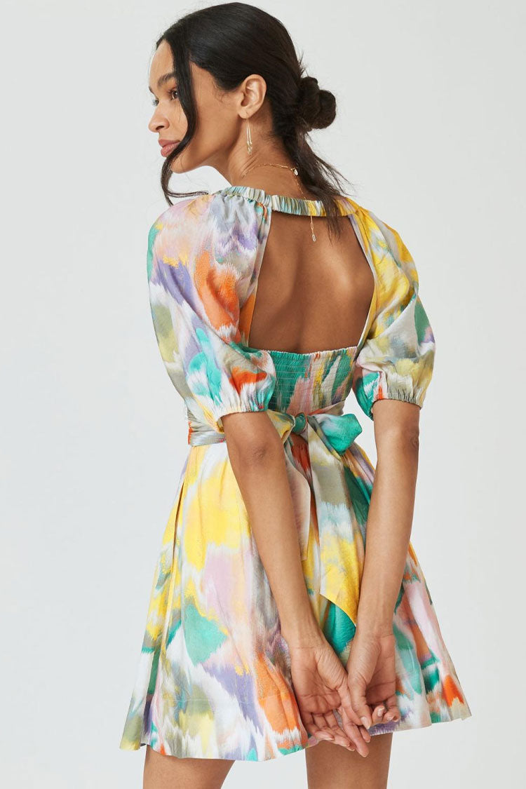 Multicolor Sweetheart Puff Sleeve Ruched Waist Fit and Flare Mini Dress
