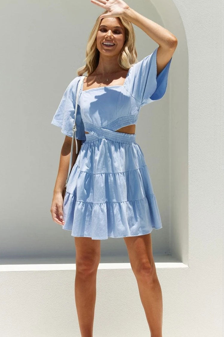 Light Blue Square Neck Puff Sleeve Smocked Cutout Tiered A-Line Mini Sundress