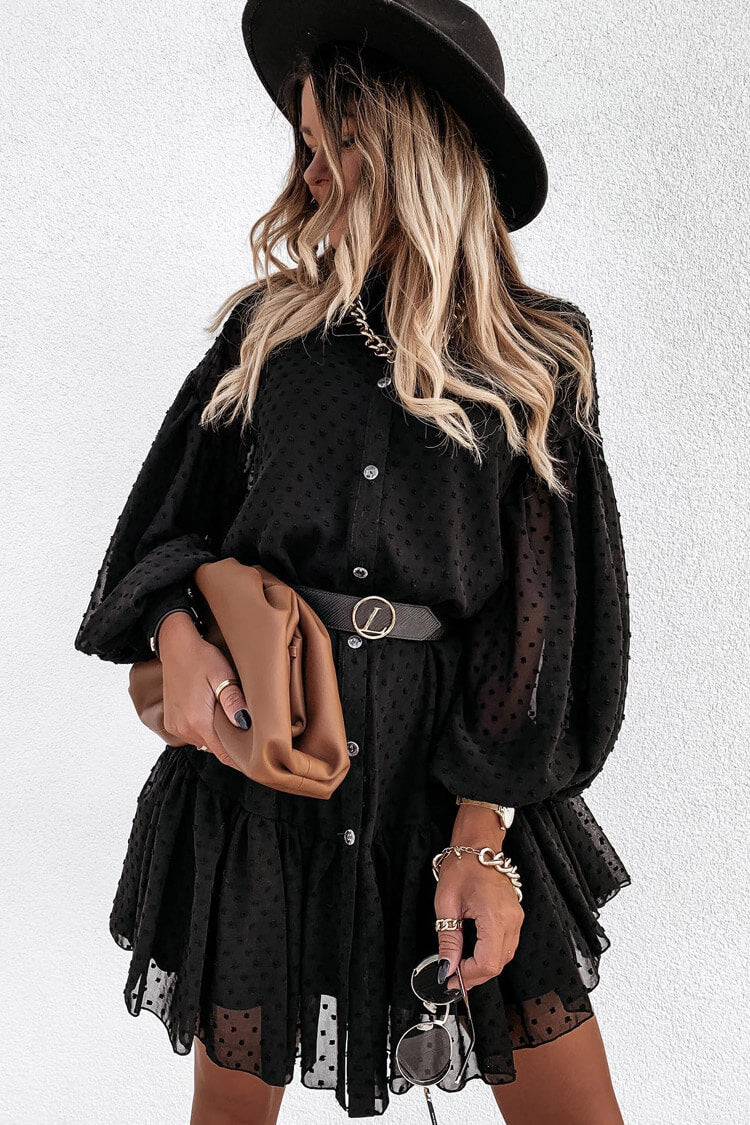 Black Swiss Dot Button Down Bishop Sleeve Ruffle Hem Babydoll Mini Dress