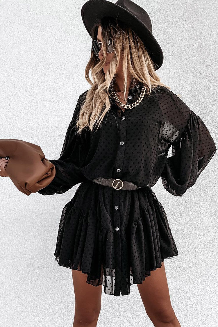 Black Swiss Dot Button Down Bishop Sleeve Ruffle Hem Babydoll Mini Dress
