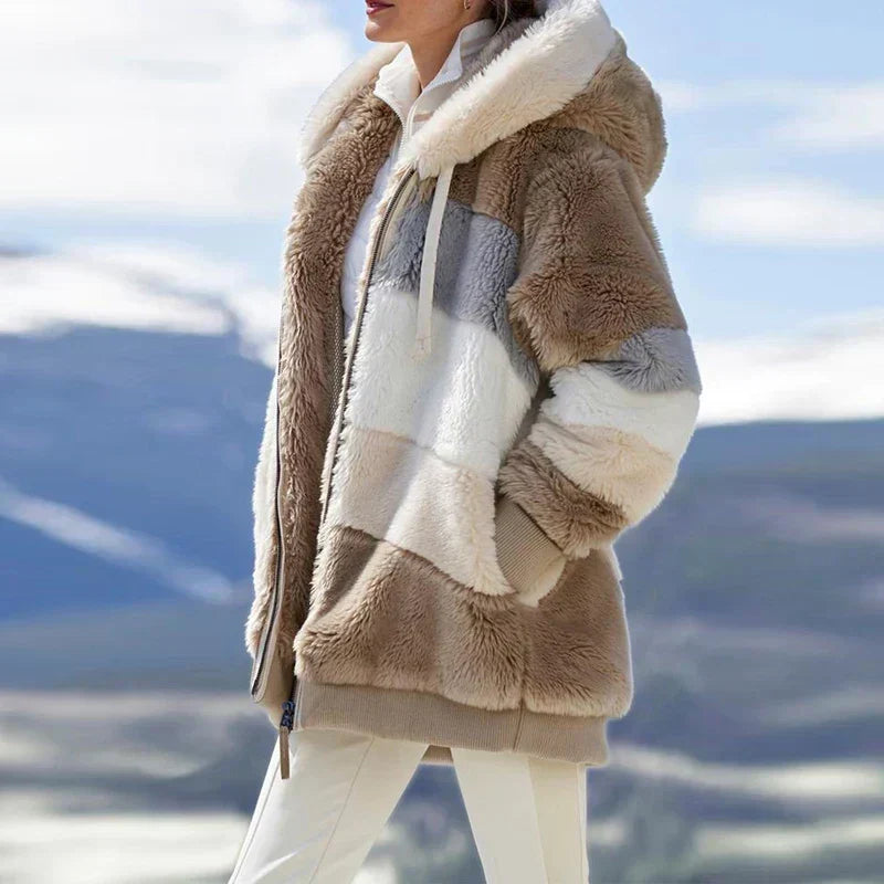 Hooded Zip Front Colorblock Patchwork Fleece Sherpa Jacket