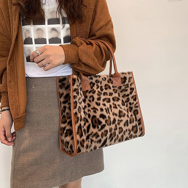 Leopard Faux Fur Leather Trim Tote Bag