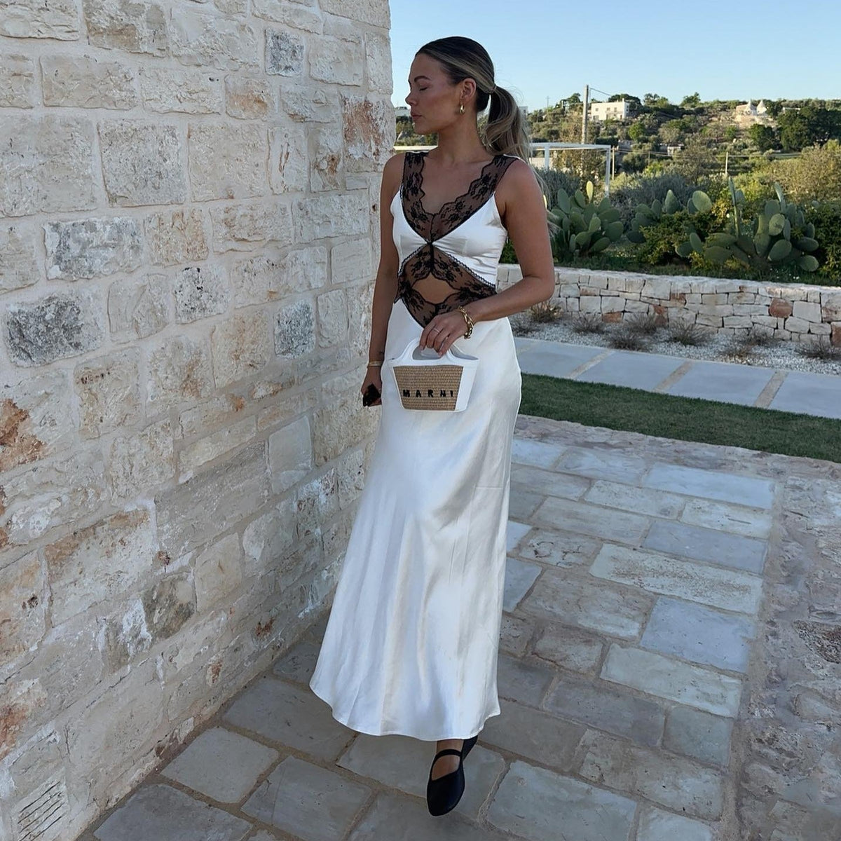 White V-Neck Contrast Lace Cutout Satin Bodycon Maxi Dress 2