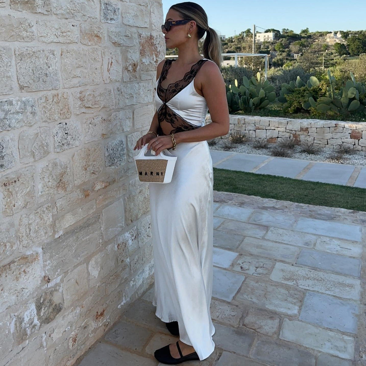 White V-Neck Contrast Lace Cutout Satin Bodycon Maxi Dress 4