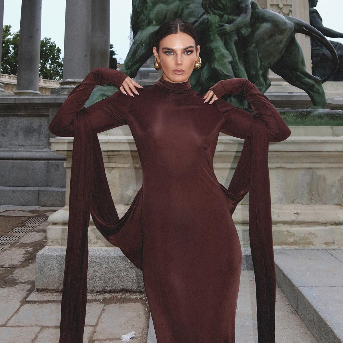 Turtleneck Long Sleeve Slinky Knot Front Bodycon Maxi Dress