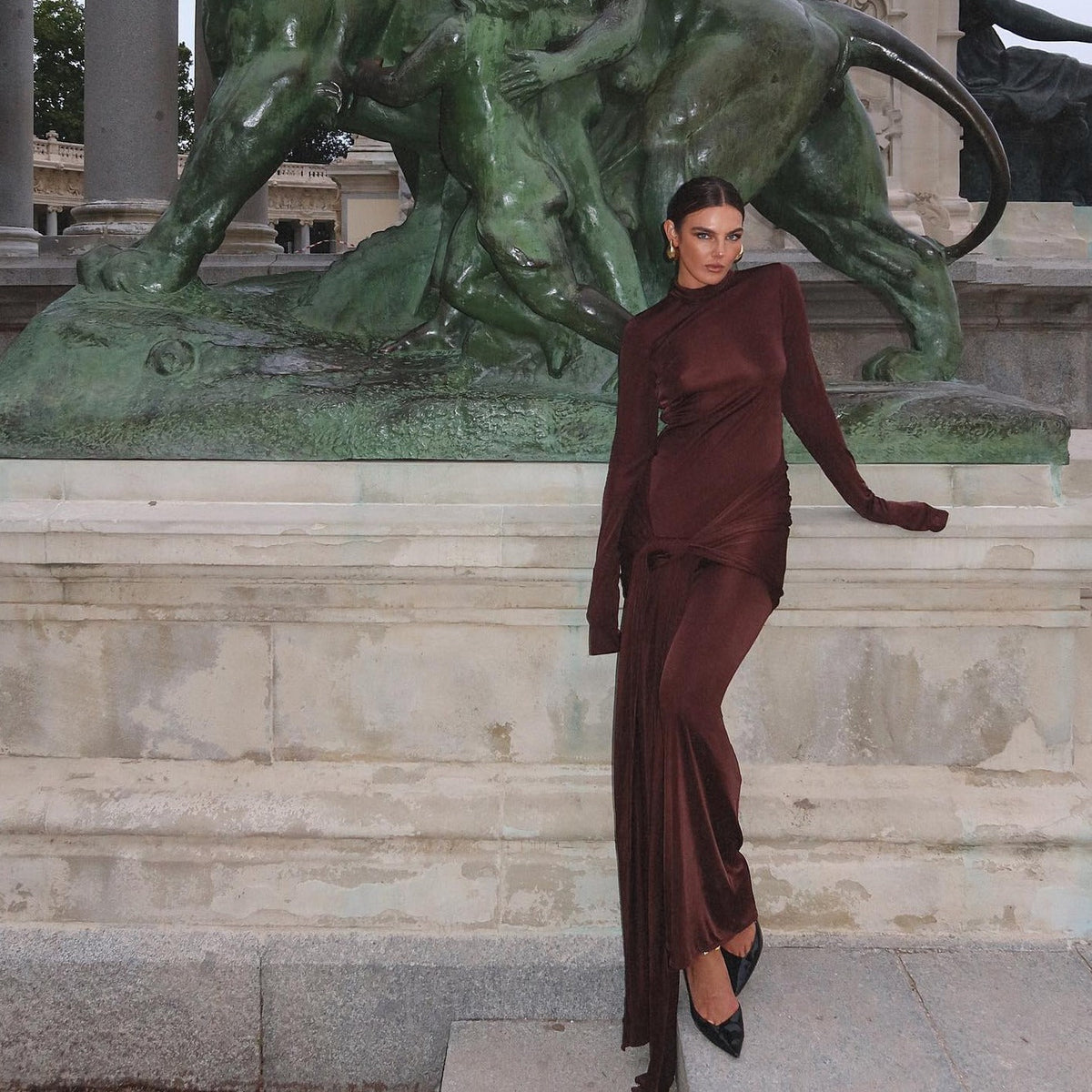 Turtleneck Long Sleeve Slinky Knot Front Bodycon Maxi Dress