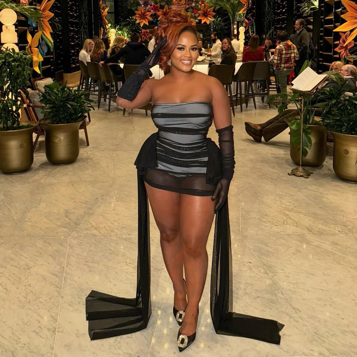 Strapless Sheer Mesh Ruched Draped Train Bodycon Mini Dress