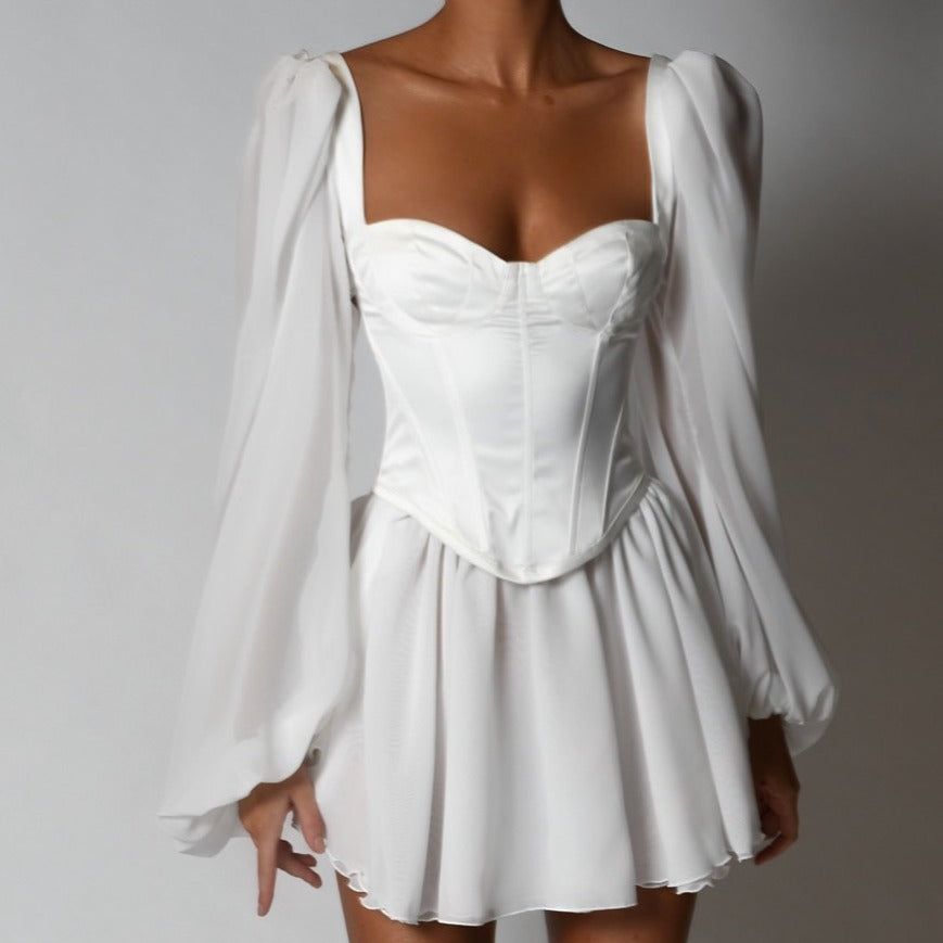 White Sweetheart Puff Sleeve Satin Corset A-Line Mini Dress
