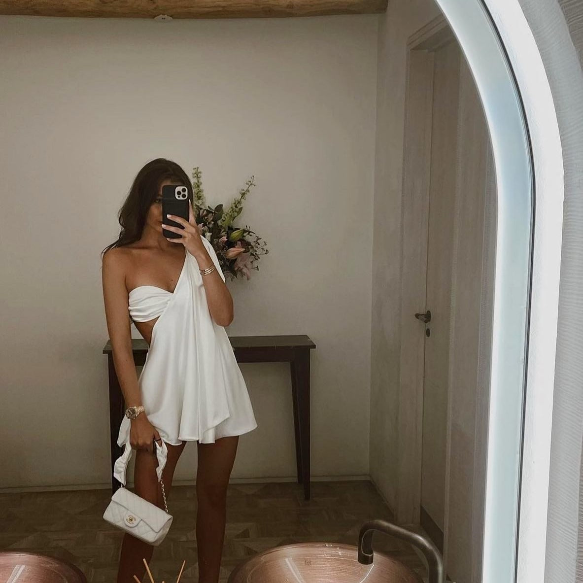 White One Shoulder Chain Strap Twist Front Cutout Swing Mini Dress 11