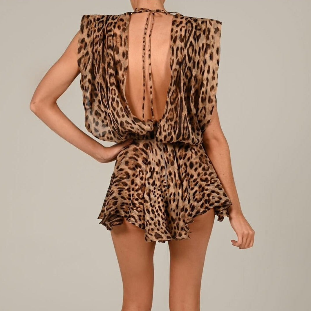 Leopard Plunge Padded Shoulder Leopard Draped Ruffle Mini Dress