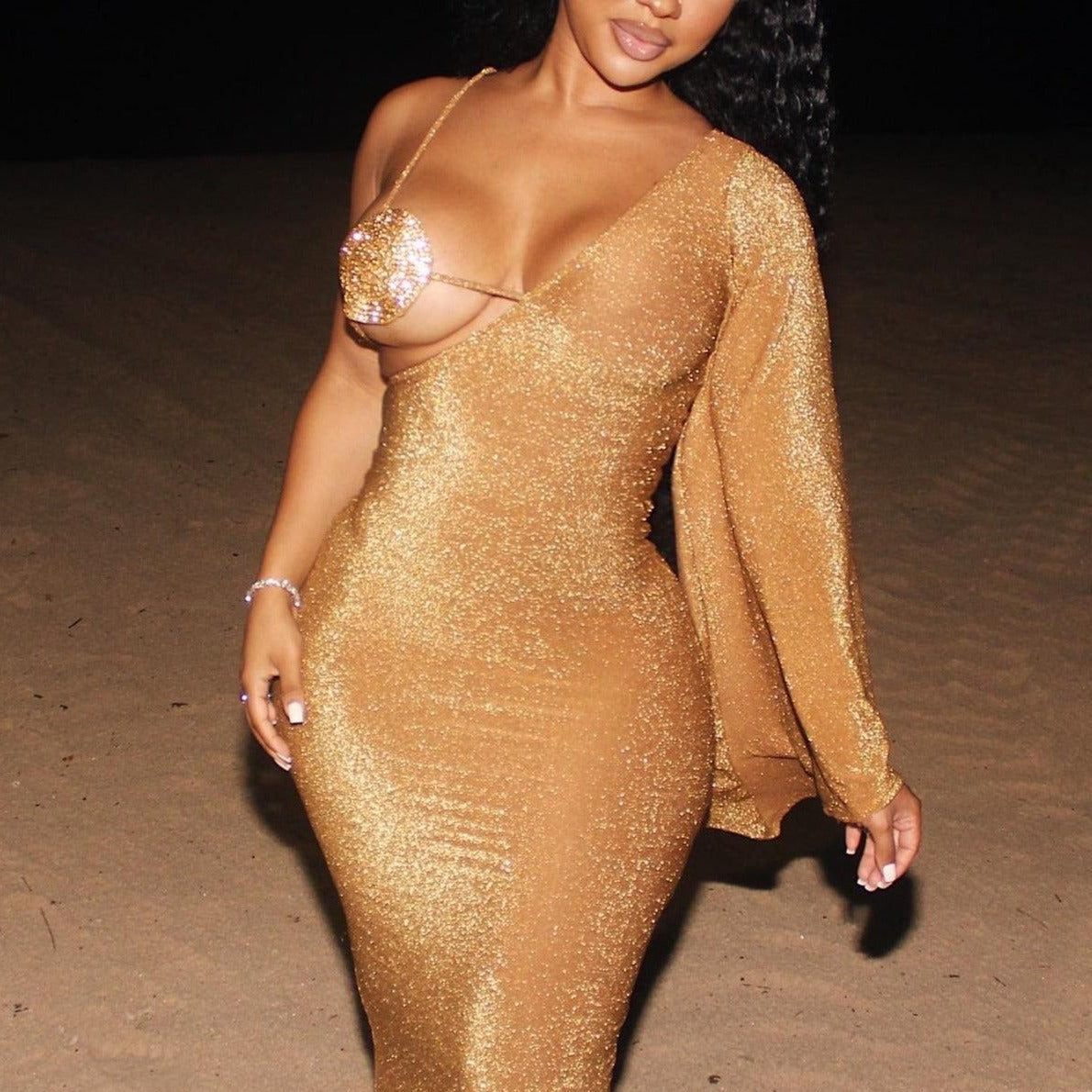 Gold Halter Rhinestone Bra Cup Glitter Bodycon Maxi Dress 2