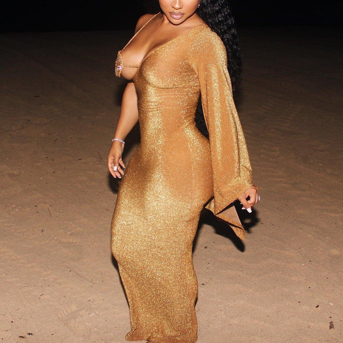 Gold Halter Rhinestone Bra Cup Glitter Bodycon Maxi Dress 4