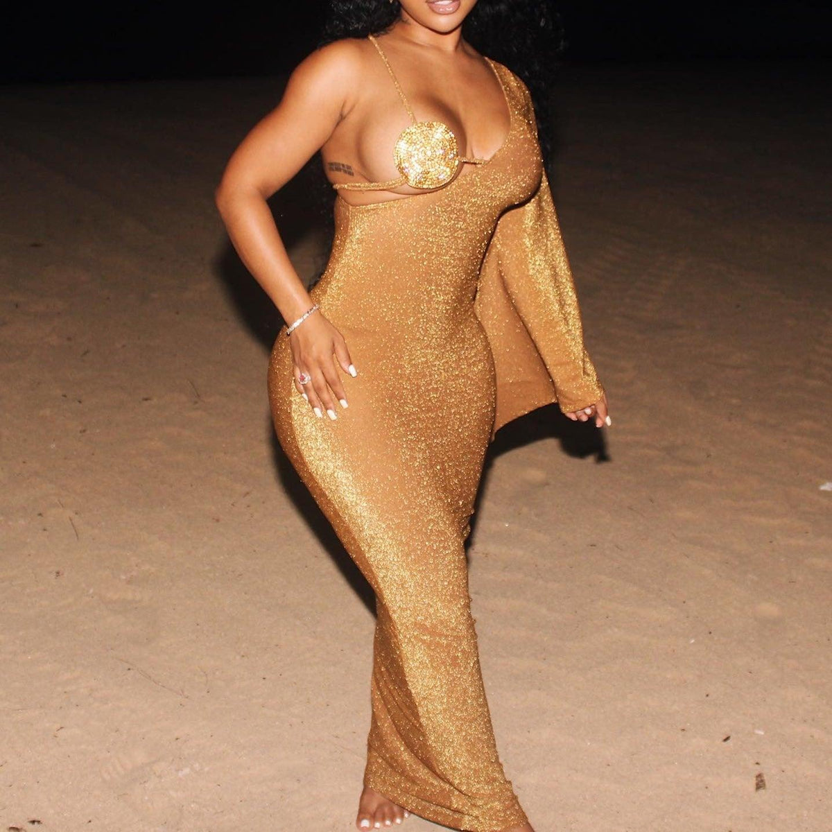 Gold Halter Rhinestone Bra Cup Glitter Bodycon Maxi Dress 3