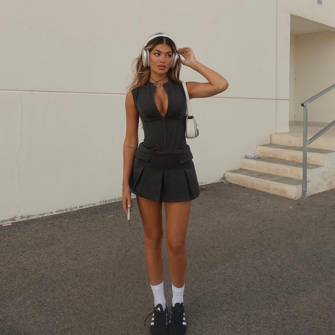 Gray Zip Front Sleeveless Corset Pleated Bodycon Mini Dress