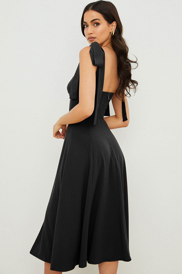 Black Sweetheart Tie Strap Twist Front High Slit Fit Flare Midi Dress