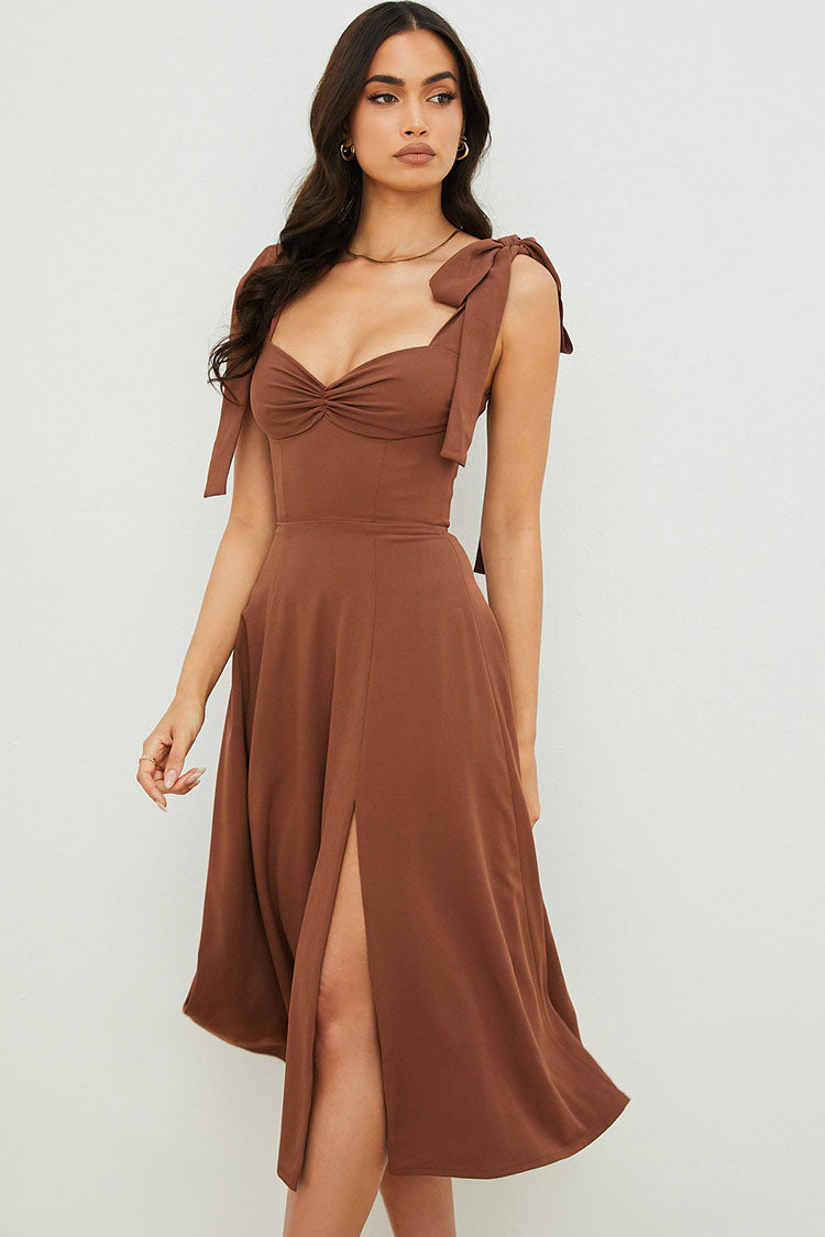 Chocolate Sweetheart Tie Strap Twist Front High Slit Fit Flare Midi Dress