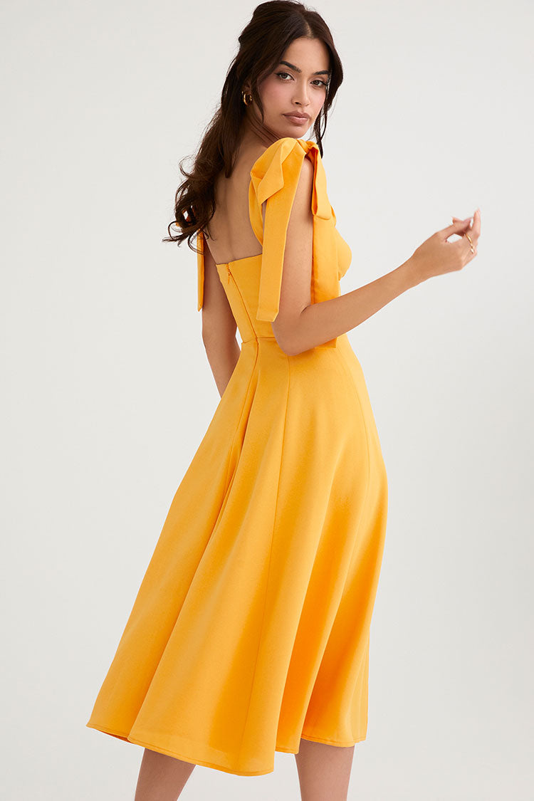 Yellow Sweetheart Tie Strap Ruched Bust High Slit Fit Flare Midi Dress