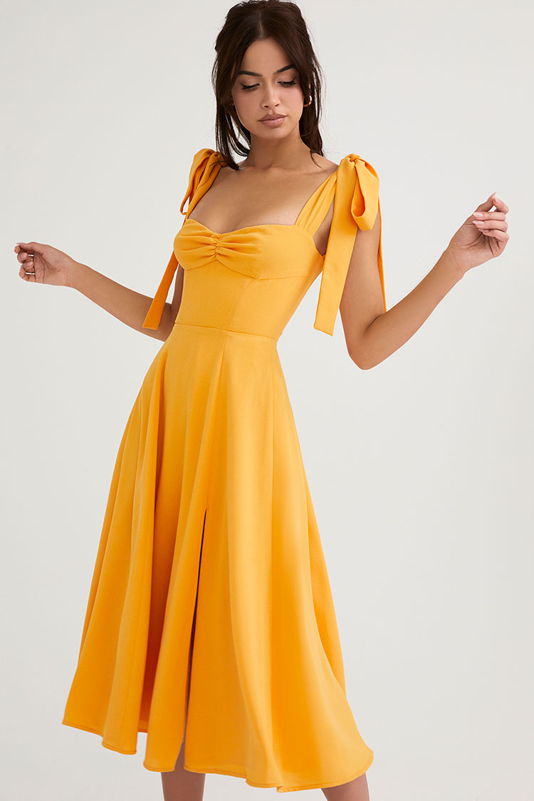 Yellow Sweetheart Tie Strap Ruched Bust High Slit Fit Flare Midi Dress