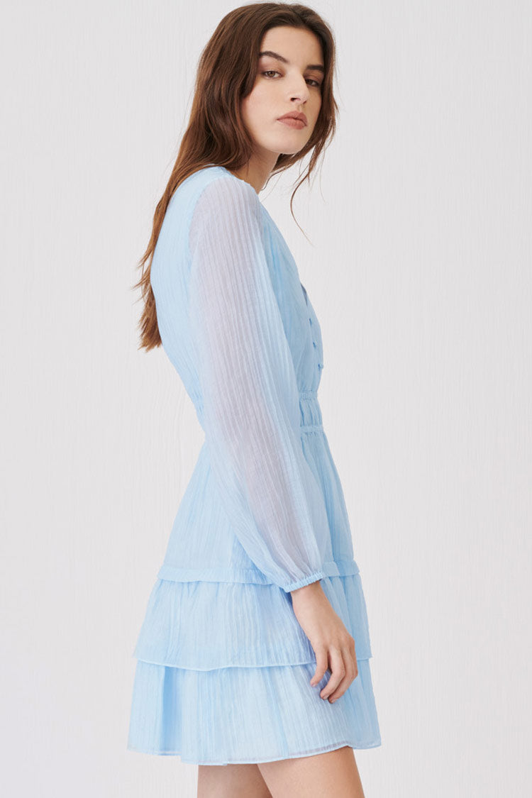 Light Blue V-Neck Long Sleeve Smocked Waist Tiered Ruffle Mini Dress