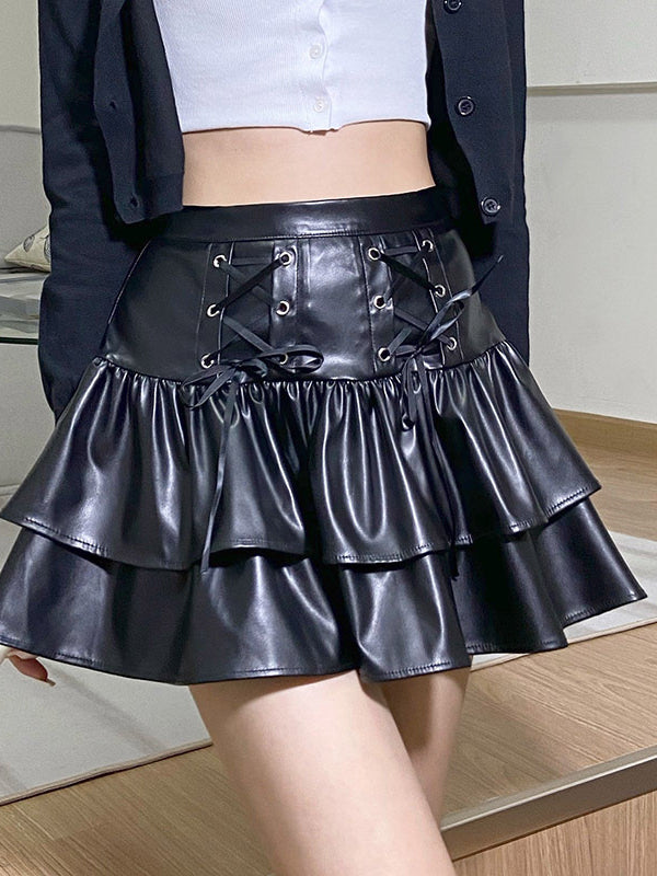Temperament  Pleated Leather Skirt