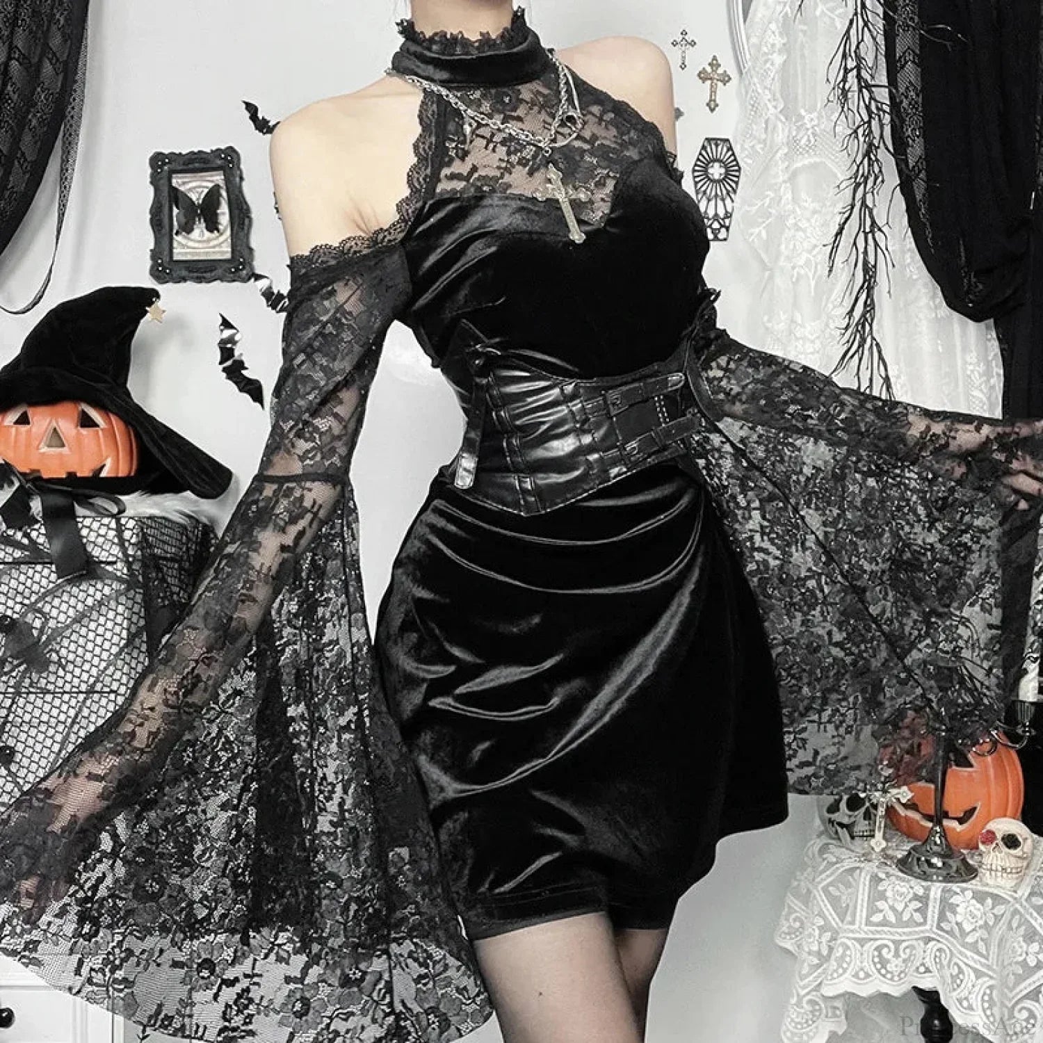 Transparent Lace Slender Mini Dress Black / S